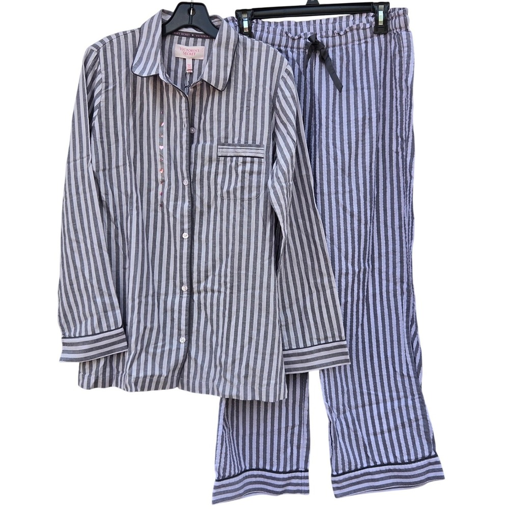 NWT Victorias Secret Heritage Pajama Set Grey Metallic Stripe Long Sleeve Medium
